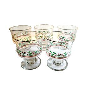 Five 1986 Desert Goblets by Libby for Arby's Holly Berry Pattern Christmas Cups